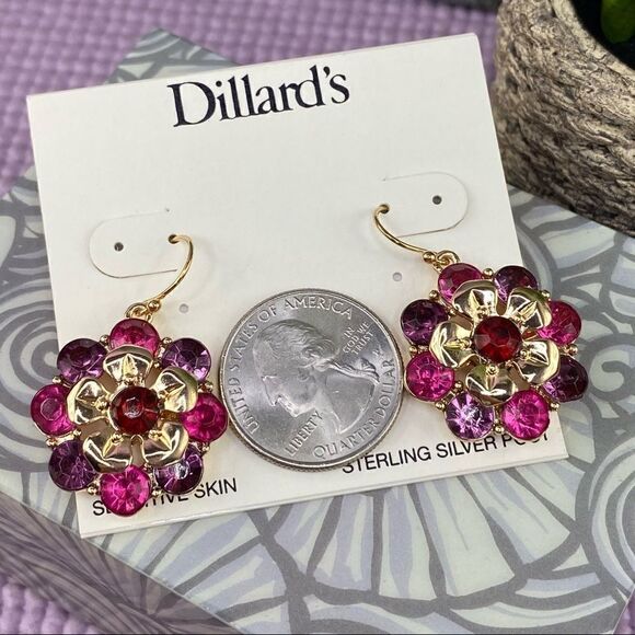 Dillard’s Flower Rhinestone Drop Dangle Earrings Pink Gold - Picture 6 of 9